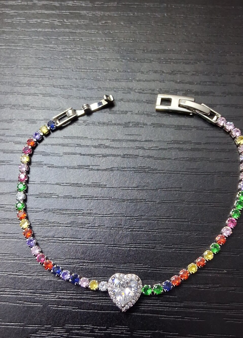 Silver Heart Center Rainbow Cubic Zirconia Dainty Tennis Bracelet - Multicolor